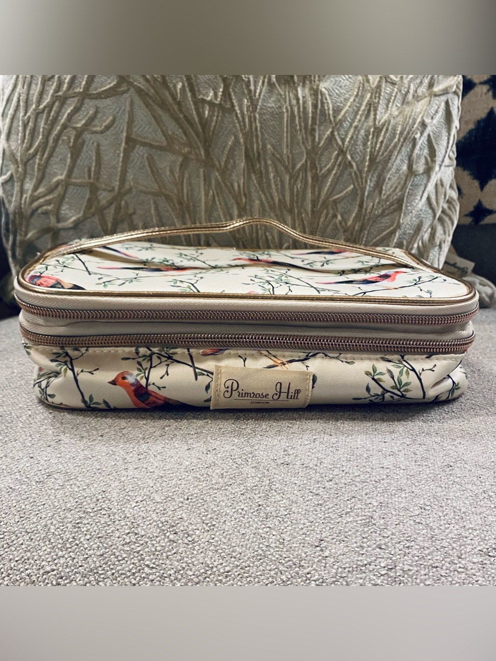 Primrose Hill Peaches Double Zip Cosmetic Box Brush Holder Birds Metallic Strap